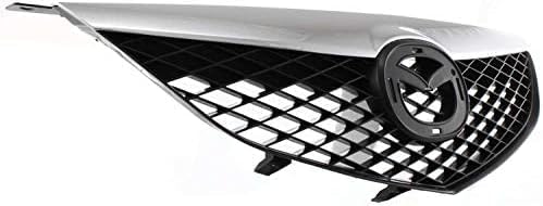 Front Grille Assembly Primed Shell And Insert With Chrome Upper Bar Plastic Direct Replacement Compatible With 2003-2005 Mazda 6 S 6 MA1200166 GK2A50710C