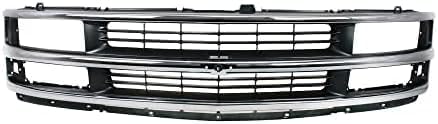Front Grille Assembly Chrome Shell & Painted Gray Insert With Dual Headlight Holes Direct Replacement Compatible With 1996-2002 Chevrolet Express 1500 2500 3500 GM1200382 15037242