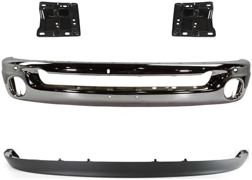Front Bumper Chrome Steel + Lower Valance Air Deflector Textured + Brackets Left & Right Side Direct Replacement Compatible With 2002-2005 Dodge Ram 1500