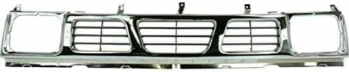 Front Bumper Chrome + Grille + Brackets + Light Molding Bezel Left Driver & Right Passenger Side Direct Replacement Compatible With 1996-1997 Nissan Pickup NI1002127 NI1200116