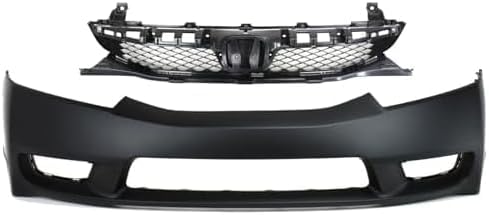 Front Bumper Cover + Grille Primed Shell and Insert Plastic Direct Replacement Compatible With 2009-2011 Honda Civic HO1000266 HO1200198 04711SNAA90ZZ 71121SNAA50