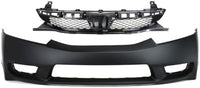 Front Bumper Cover + Grille Primed Shell and Insert Plastic Direct Replacement Compatible With 2009-2011 Honda Civic HO1000266 HO1200198 04711SNAA90ZZ 71121SNAA50