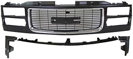 Front Grille Primed Shell With Chrome Insert + Extension + Fillers Left Driver & Right Passenger Side Direct Replacement Compatible With 1994-2000 GMC C/K-Series GM1088153 GM1089153
