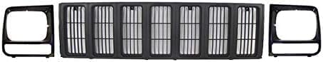 AUTOS PARTS PLUS Front Header Panel Thermoplastic + Grille + Headlight Door Bezel Direct Replacement Compatible With 1997-2001 Jeep Cherokee CH1220115 CH1200208 CH2513157 CH2512157 55055233AF