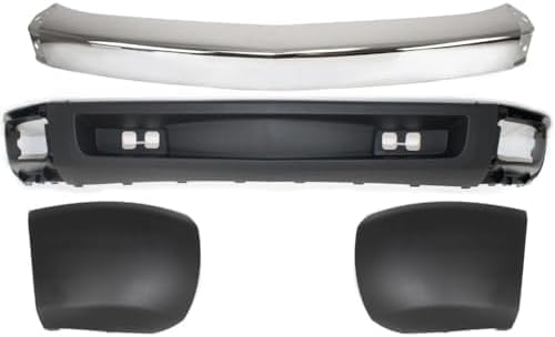 Front Bumper Impact Bar Steel + Lower Valance Air Deflector + Extension Textured + End Caps Left & Right Side Direct Replacement Compatible With 2007-2013 Chevrolet Silverado 1500