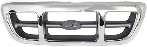 Front Grille Chrome Shell & Gray Insert + Header Panel Thermoplastic And Fiberglass + Headlight Left & Right Side Direct Replacement Compatible With 1998-2000 Ford Ranger FO1200341
