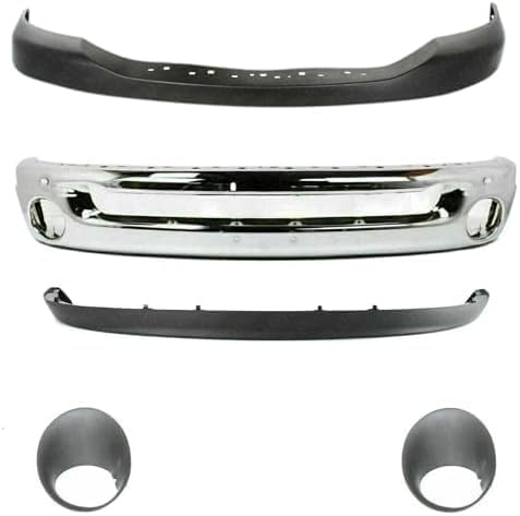 Front Bumper Face Bar Chrome + Upper Cover Textured + Lower Valance + Fog Light Bezels Left & Right Side Direct Replacement Compatible With 2006-2009 Dodge Ram Full Size Pickup