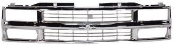 Front Grille Chrome Shell & Cross Bar Insert With Dual Beam Headlamp Direct Replacement Compatible With 1994-2000 Chevrolet / 1994-1999 Suburban C/K Series GM1200463