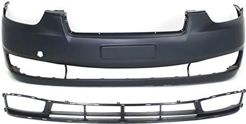 Front Bumper Plastic + Lower Grille Primed + Fog Lights Left Driver & Right Passenger Side Direct Replacement Compatible with 2007-2011 Hyundai Accent