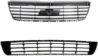 Front Bumper Upper & Lower Grille Primed Shell And Insert Plastic Direct Replacement Compatible With 2006-2008 Chevrolet Malibu GM1200537 GM1200558 15266333 15266336