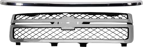 Front Grille Chrome Shell With Primed Insert + Hood Molding Direct Replacement Compatible With 2011-2014 Chevrolet Silverado 2500HD 3500HD GM1200639 GM1235124 20963700 20966058