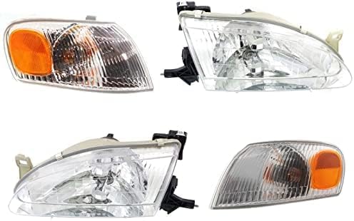 Front Head Lights + Corner Lamps Plastic Left Driver Side & Right Passenger Side Direct Replacement Compatible With 1998-2000 Toyota Corolla TO2502121 TO2503121 TO2521150 TO2520150