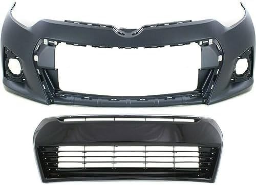 Front Bumper Cover Primed + Upper & Lower Grille Direct Replacement Compatible With 2014-2016 Toyota Corolla TO1000400 TO1036150 TO1200365 5211903906 5310202210 5310002570