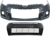 Front Bumper Cover Primed + Upper & Lower Grille Direct Replacement Compatible With 2014-2016 Toyota Corolla TO1000400 TO1036150 TO1200365 5211903906 5310202210 5310002570