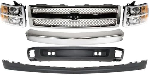 Front Bumper Impact Bar Steel + Grille + Lower Valance Air Deflector + Extension + Headlight Left & Right Side Direct Replacement Compatible With 2007-2013 Chevrolet Silverado 1500