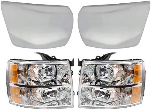 Front Bumper Impact Bar Steel + Grille + Lower Valance Air Deflector + End Caps + Headlights Left & Right Side Direct Replacement Compatible With 2007-2013 Chevrolet Silverado 1500