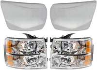 Front Bumper Impact Bar Steel + Grille + Lower Valance Air Deflector + End Caps + Headlights Left & Right Side Direct Replacement Compatible With 2007-2013 Chevrolet Silverado 1500