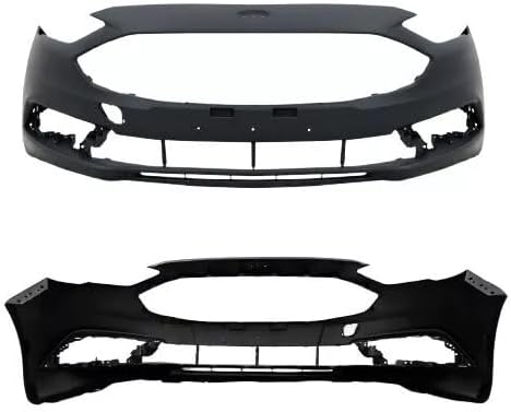 Front Bumper Cover Primed + Upper Grille Textured With Chrome Trim + Head Lights Left Driver And Right Passenger Side Direct Replacement Compatible With 2017-2018 Ford Fusion