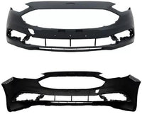 Front Bumper Cover Primed + Upper Grille Textured With Chrome Trim + Head Lights Left Driver And Right Passenger Side Direct Replacement Compatible With 2017-2018 Ford Fusion