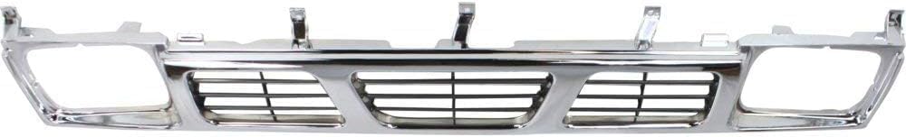 Front Bumper Face Bar Chrome Steel + Grille Chrome Shell/Paintable Gray Insert Plastic Direct Replacement Compatible With 1996-1997 Nissan Pickup NI1200116 NI1002127 6231055G10