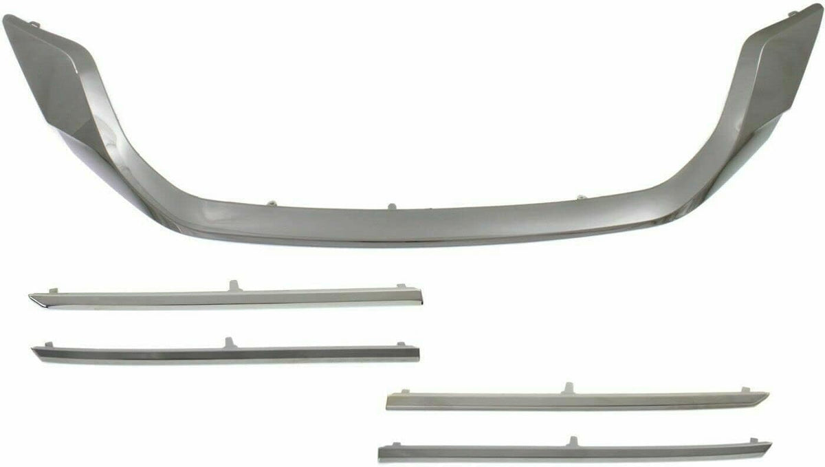 Front Bumper Upper & Lower Grille Textured + Molding + Set of 4 Trim Chrome Left Driver & Right Passenger Side Direct Replacement Compatible With 2013-2015 Honda Accord HO1036114