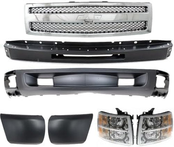 Front Bumper Primed Steel + Grille + Lower Valance Air Deflector + End Caps + Headlights Left & Right Side Direct Replacement Compatible With 2007-2013 Chevrolet Silverado 1500