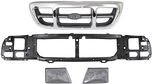 Front Grille Chrome Shell & Gray Insert + Header Panel Thermoplastic And Fiberglass + Headlight Left & Right Side Direct Replacement Compatible With 1998-2000 Ford Ranger FO1200341