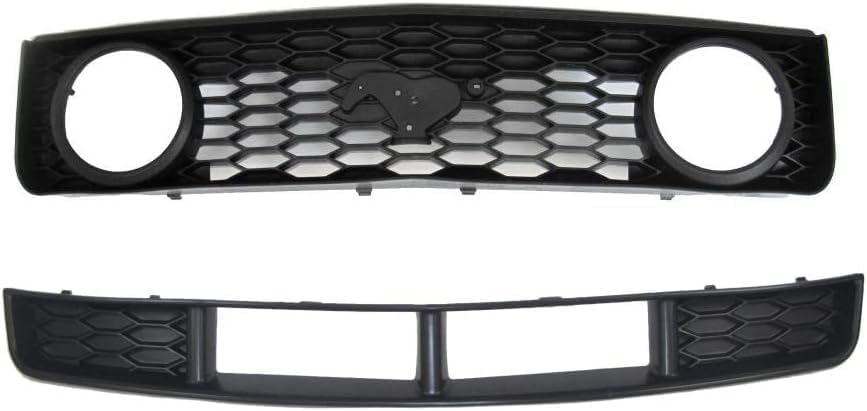 Front Bumper Upper & Lower Grille Textured Black Shell And Insert Plastic Direct Replacement Compatible With 2005-2009 Ford Mustang FO1200422 FO1036114 6R3Z8200BA 7R3Z17K945BA