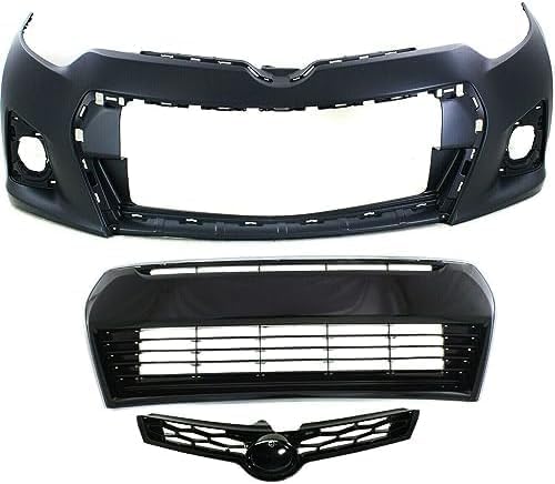 Front Bumper Cover Primed + Upper & Lower Grille Direct Replacement Compatible With 2014-2016 Toyota Corolla TO1000400 TO1036150 TO1200365 5211903906 5310202210 5310002570