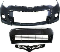 Front Bumper Cover Primed + Upper & Lower Grille Direct Replacement Compatible With 2014-2016 Toyota Corolla TO1000400 TO1036150 TO1200365 5211903906 5310202210 5310002570