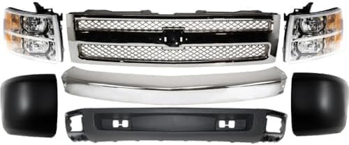 Front Bumper Impact Bar Steel + Grille + Lower Valance Air Deflector + Headlight + End Caps Left & Right Side Direct Replacement Compatible With 2007-2013 Chevrolet Silverado 1500