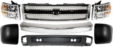 Front Bumper Impact Bar Steel + Grille + Lower Valance Air Deflector + Headlight + End Caps Left & Right Side Direct Replacement Compatible With 2007-2013 Chevrolet Silverado 1500