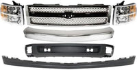 Front Bumper Impact Bar Steel + Grille + Lower Valance Air Deflector + Extension + Headlight Left & Right Side Direct Replacement Compatible With 2007-2013 Chevrolet Silverado 1500