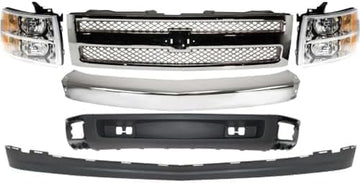 Front Bumper Impact Bar Steel + Grille + Lower Valance Air Deflector + Extension + Headlight Left & Right Side Direct Replacement Compatible With 2007-2013 Chevrolet Silverado 1500