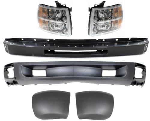 Front Bumper Primed Steel + Lower Valance Air Deflector + Headlight + End Caps Left & Right Side Direct Replacement Compatible With 2007-2013 Chevrolet Silverado 1500