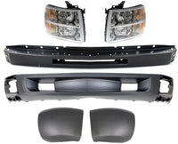Front Bumper Primed Steel + Lower Valance Air Deflector + Headlight + End Caps Left & Right Side Direct Replacement Compatible With 2007-2013 Chevrolet Silverado 1500