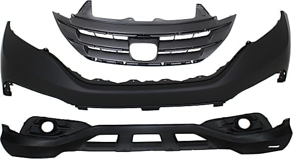 Front Bumper Upper Primed + Lower Cover Textured + Grille Primed Shell and Insert Direct Replacement Compatible With 2012-2014 Honda CR-V HO1200211 HO1014100 HO1015107 04711T0AA90ZZ