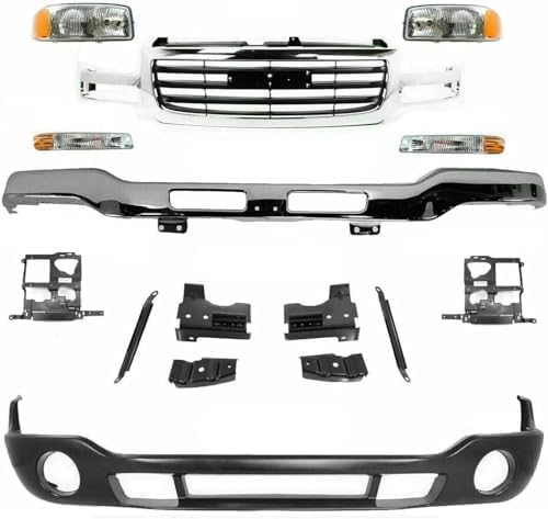 Front Bumper Steel With Brackets+ Grille Chrome + Lower Valance + Head Lights & Park Lamps Left and Right Side Direct Replacement Compatible With 2003-2006 GMC Sierra 1500