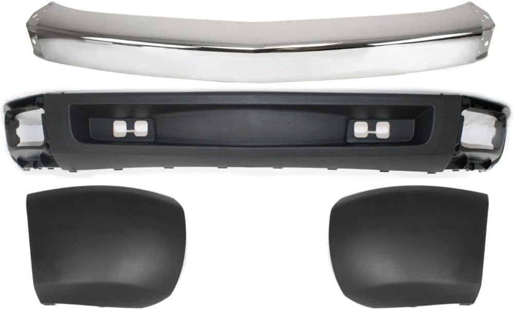 Front Bumper Impact Bar Chrome + Lower Valance Textured + End Caps Left Driver & Right Passenger Side Direct Replacement Compatible With 2007-2008 Chevrolet Silverado 1500 GM1002830