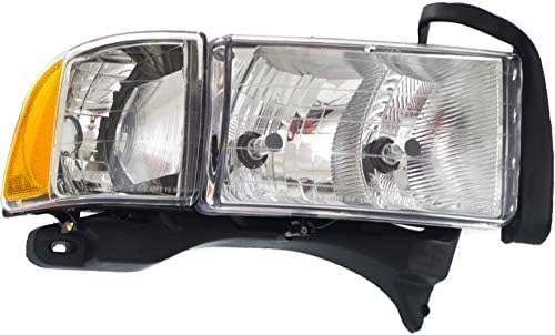 Set Of 2 Front Head Lamp Halogen With Corner Light Left Driver & Right Passenger Side Direct Replacement Compatible With 1999-2002 Dodge Ram 1500 2500 3500 55077025AC 55077025AG