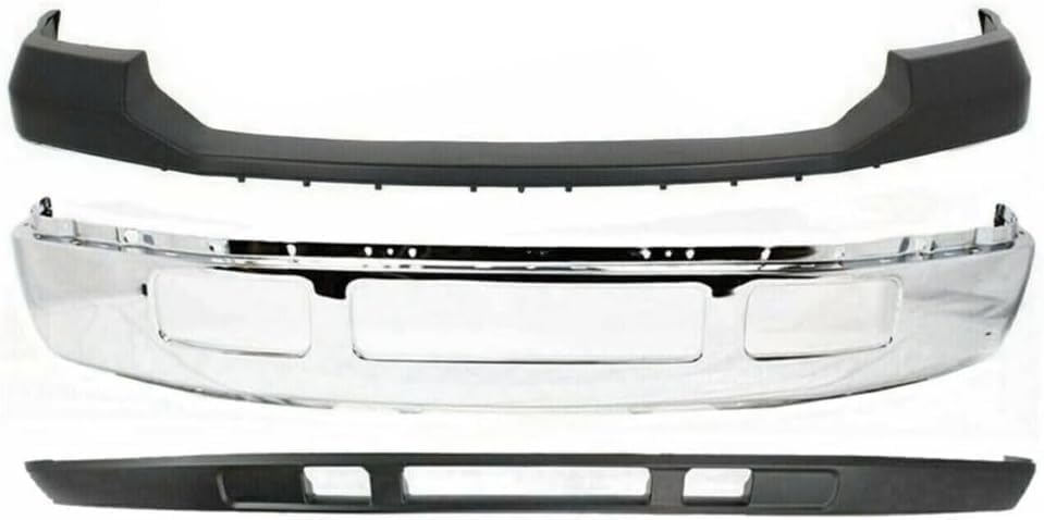Front Bumper Chrome + Upper Cover + Lower Valance Panel + License Plate Bracket + Fog Lights Left & Right Side Direct Replacement Compatible With Ford F-Series Super Duty 2005-2007