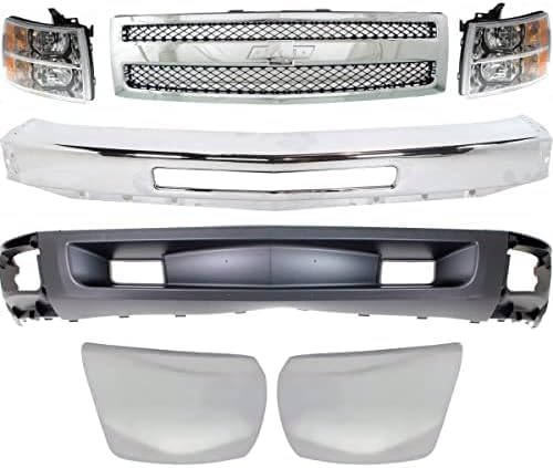 Front Bumper Impact Bar Steel + Grille + Lower Valance Air Deflector + End Caps + Headlights Left & Right Side Direct Replacement Compatible With 2007-2013 Chevrolet Silverado 1500