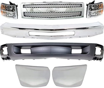 Front Bumper Impact Bar Steel + Grille + Lower Valance Air Deflector + End Caps + Headlights Left & Right Side Direct Replacement Compatible With 2007-2013 Chevrolet Silverado 1500