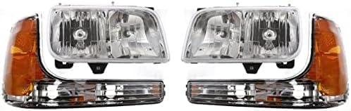 Front Head Light Assembly + Corner Lamp Left Driver & Right Passenger Side Direct Replacement Compatible With 1999-2000 Cadillac Escalade/GMC Yukon GM2502217 GM2503217 GM2521183