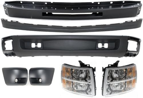 Front Bumper Primed + Lower Valance Air Deflector + Extension + Headlights + End Caps Left & Right Side Direct Replacement Compatible With 2007-2013 Chevrolet Silverado 1500 GM1092192