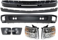 Front Bumper Primed + Lower Valance Air Deflector + Extension + Headlights + End Caps Left & Right Side Direct Replacement Compatible With 2007-2013 Chevrolet Silverado 1500 GM1092192