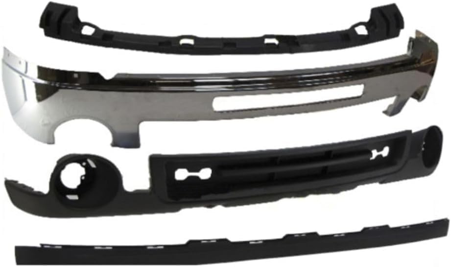 Front Bumper Chrome Steel With Air Intake Hole + Lower Valance Air Deflector + Extension Textured + Cover Bracket Direct Replacement Compatible With GMC Sierra 1500 2007-13 GM1015100