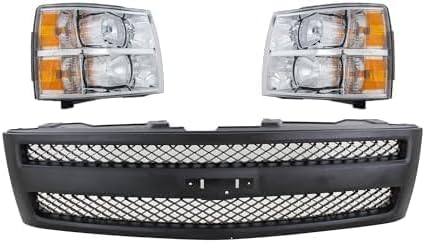 Front Grille Textured Shell And Insert + Headlight Left Driver & Right Passenger Side Direct Replacement Compatible With 2007-2013 Chevrolet Silverado 1500 GM1200578 GM2502280
