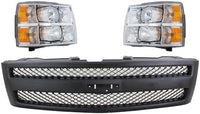 Front Grille Textured Shell And Insert + Headlight Left Driver & Right Passenger Side Direct Replacement Compatible With 2007-2013 Chevrolet Silverado 1500 GM1200578 GM2502280
