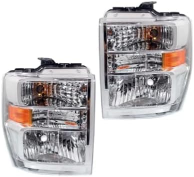 Front Bumper Chrome Steel + Head Light Assembly Left Driver & Right Passenger Side Direct Replacement Compatible With 2008-2019 Ford Econoline Van